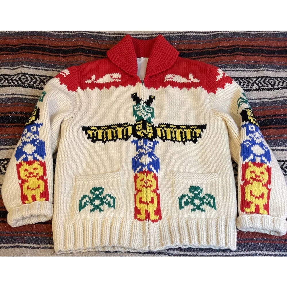 Rare Vintage Cowichan Wool Indigenous Native American Hand Knit Sweater Colorful